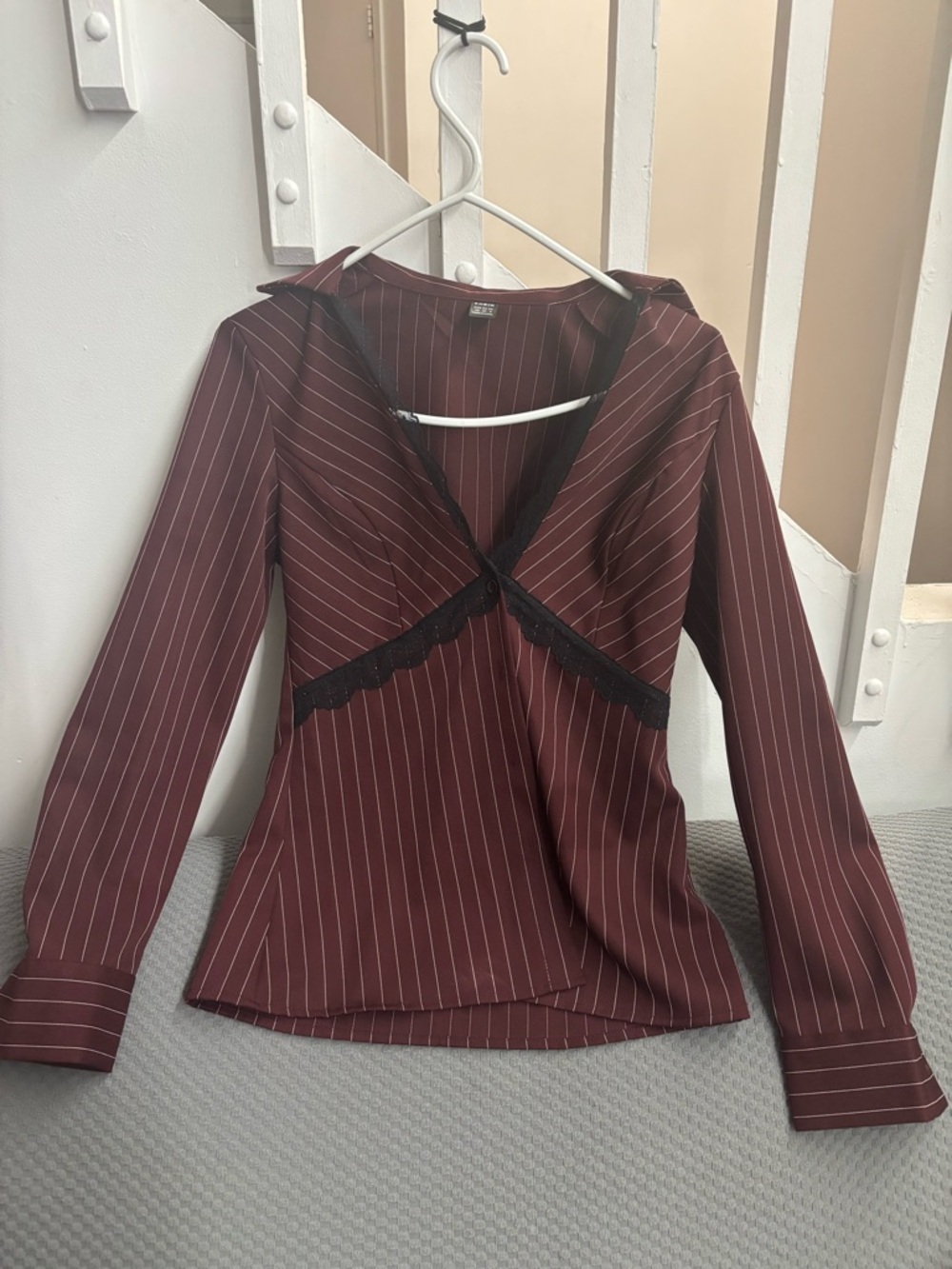 SHEIN Burgundy Pinstripe Lace Trim Blouse V-Neck Long Sleeve - XS
